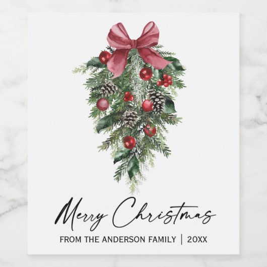 エレガントな水彩画の松のカリグラフィーインククリスマス ワインラベル (シングルラベル)