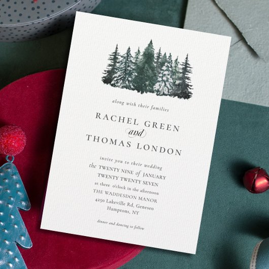 エレガントな水彩画の松の木の冬の結婚式 招待状
