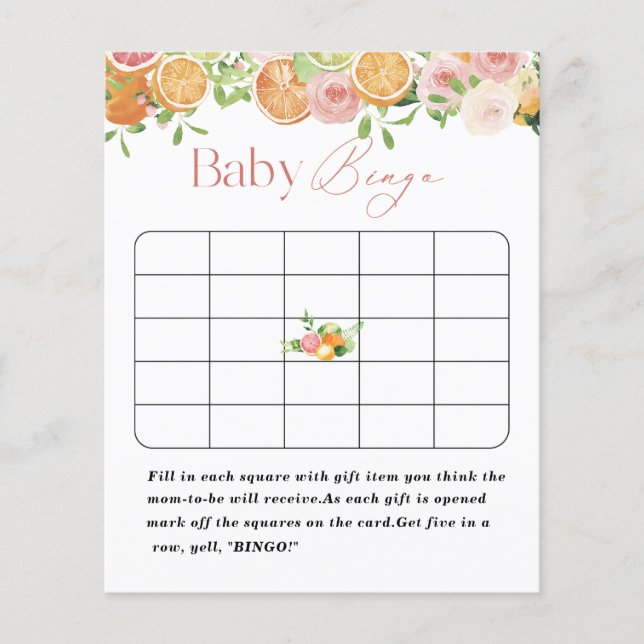 エレガントな水彩画の柑橘類とピンクの花のベビーシャワー (正面)