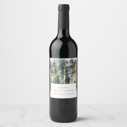 エレガントな水彩画の森のウェディングシャワー ワインラベル (正面)