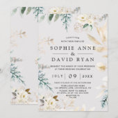 エレガントな水彩画の白い花のゴールドの結婚式 招待状 (正面/裏面)