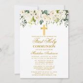 エレガントな水彩画の白い花のファーストコミュニオン 招待状 (正面)