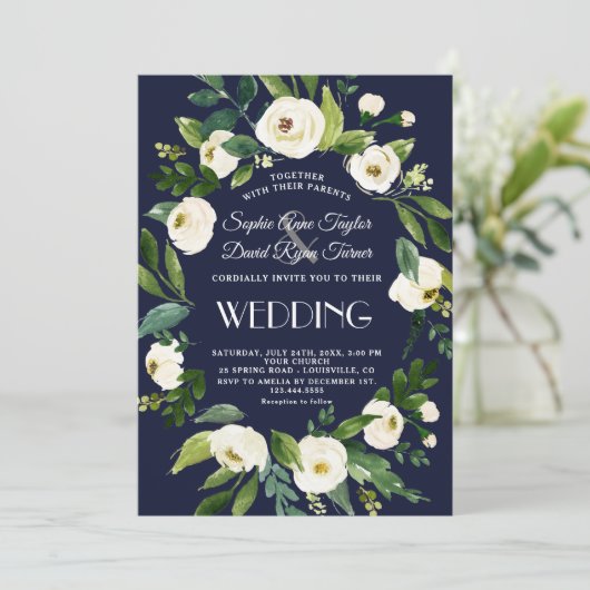 エレガントな水彩画の白い花の濃い青い結婚式 招待状 (スタンド正面)