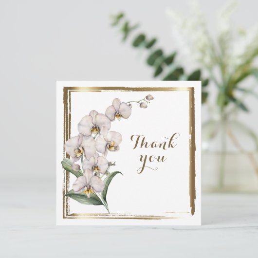 エレガントな水彩画の白い蘭のゴールドフレーム  ありがとう サンキューカード (スタンド正面)