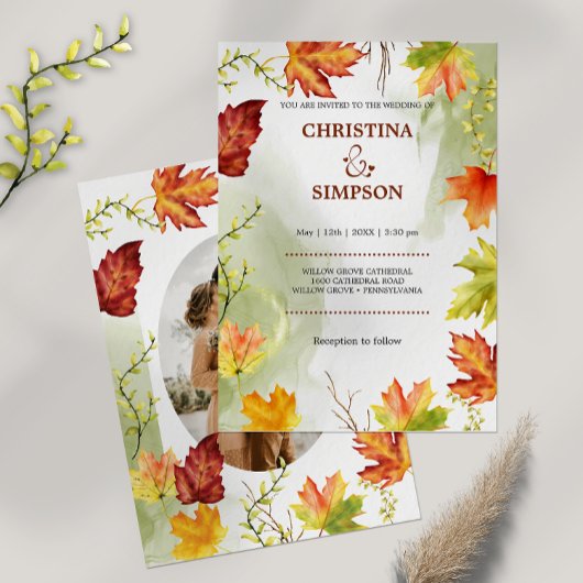 エレガントな水彩画の秋の写真 ウェディング 招待状