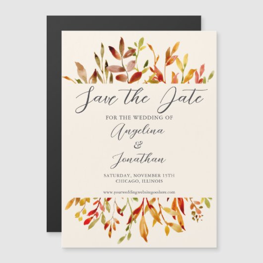 エレガントな水彩画の秋の落ち葉カップル写真 マグネット招待状 (正面/裏面)