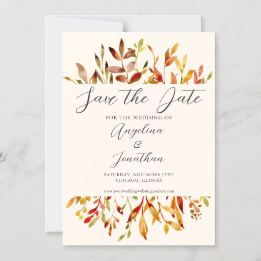 エレガントな水彩画の秋の落ち葉カップル写真 マグネット招待状 (正面)