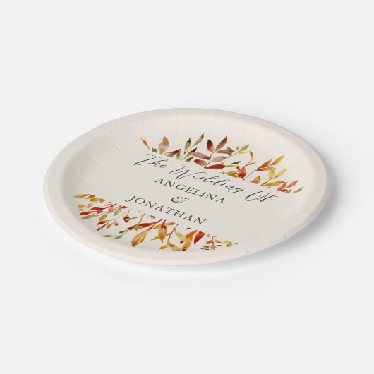 エレガントな水彩画の秋の落ち葉 オーダーメイド ウェディング ペーパープレート (アングル)