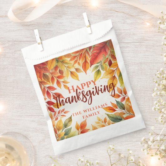 エレガントな水彩画の秋の葉のボーダー サンクスギビング フェイバーバッグ (クリップ留めされた状態)