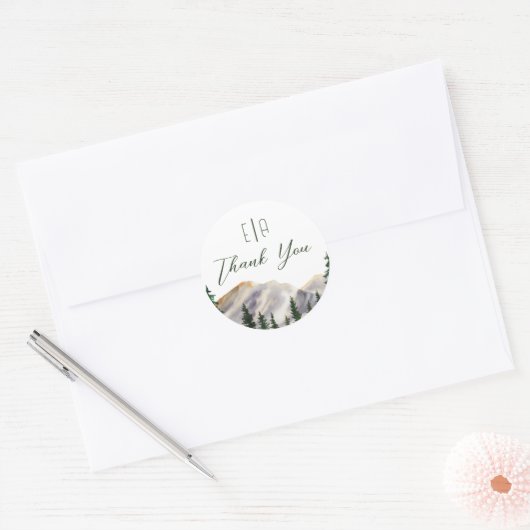 エレガントな水彩画の素朴な山岳地帯のウェディング ラウンドシール (封筒)