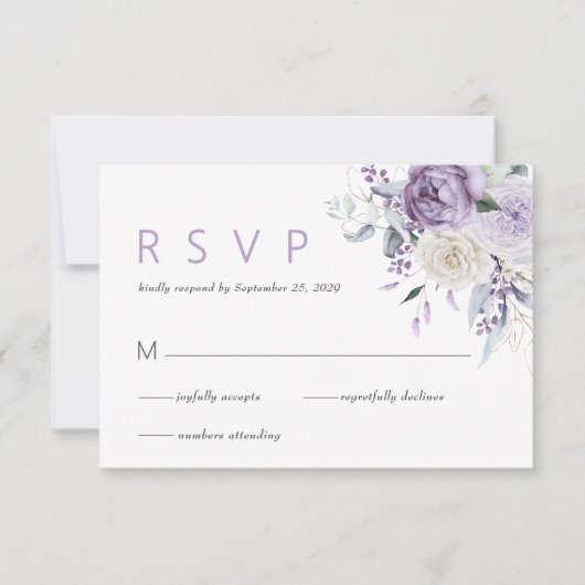 エレガントな水彩画の紫の花の結婚式RSVP 出欠カード (正面)