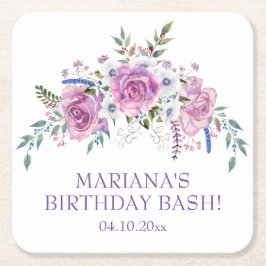 エレガントな水彩画の紫の花の誕生日パーティー スクエアペーパーコースター