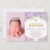 エレガントな水彩画の紫色の花のラベンダーの洗礼 招待状 (正面)