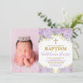 エレガントな水彩画の紫色の花のラベンダーの洗礼 招待状 (スタンド正面)