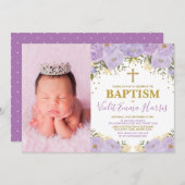 エレガントな水彩画の紫色の花のラベンダーの洗礼 招待状 (正面/裏面)