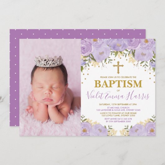 エレガントな水彩画の紫色の花のラベンダーの洗礼 招待状 (正面/裏面)