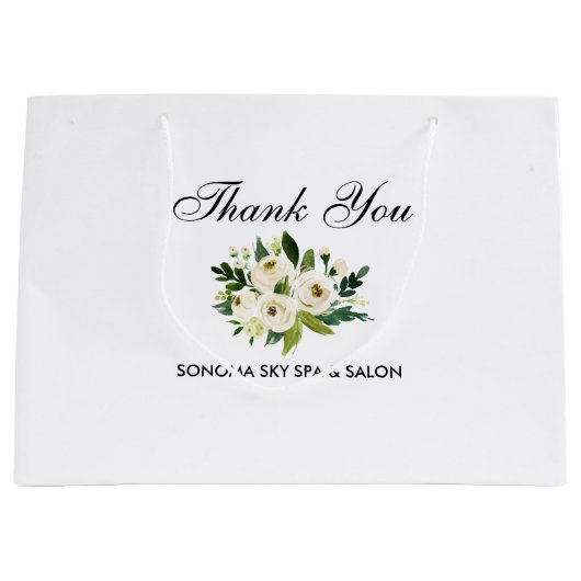 エレガントな水彩画の緑の白い花柄は感謝していしています ラージペーパーバッグ (正面)