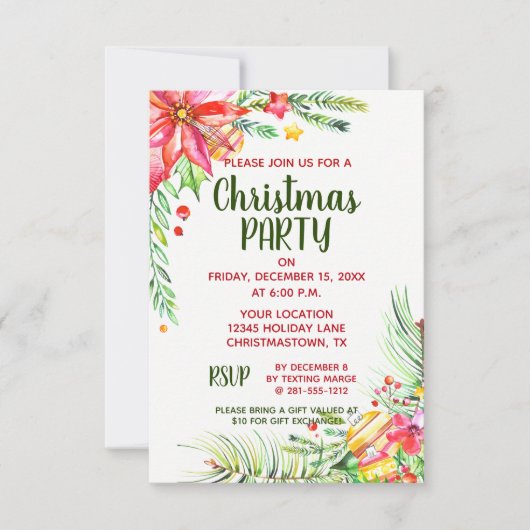 エレガントな水彩画の花のクリスマスの休日のパーティ 招待状 (正面)
