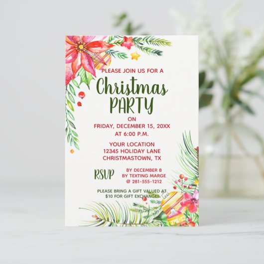 エレガントな水彩画の花のクリスマスの休日のパーティ 招待状 (スタンド正面)