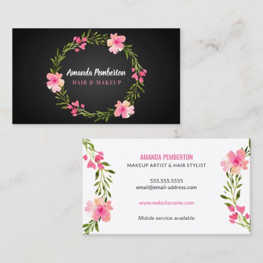 エレガントな水彩画の花のリース 名刺 (正面/裏面)