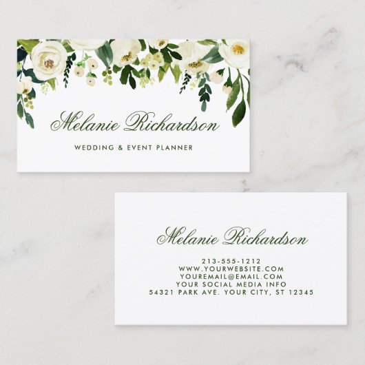 エレガントな水彩画の花の緑の白 名刺 (正面/裏面)