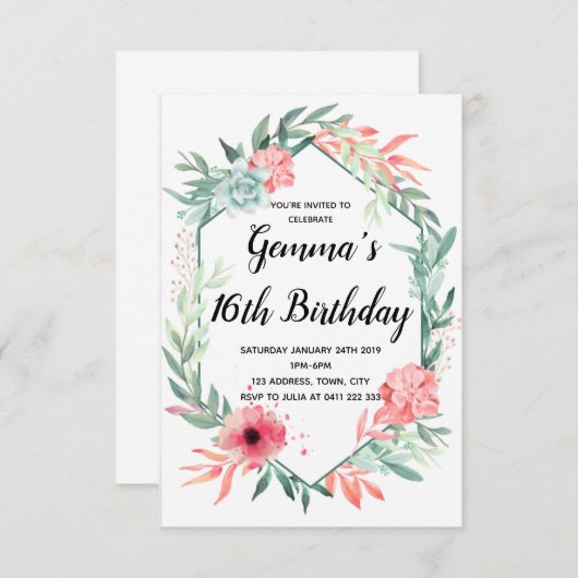 エレガントな水彩画の花柄 招待状 (正面/裏面)