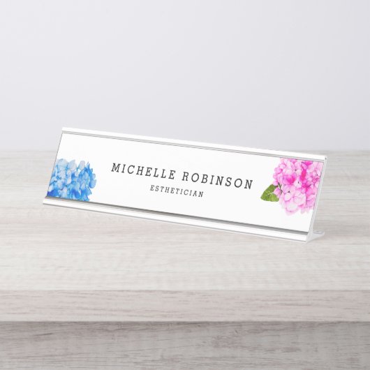 エレガントな水彩画の花模様のアジサイ デスクネームプレート (正面)