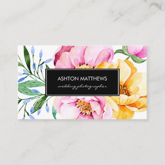 エレガントな水彩画の花花束 名刺 (正面)