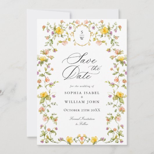 エレガントな水彩画の草原の野生の花の結婚式の写真 セーブザデート (正面)
