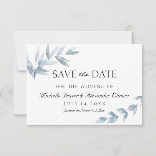エレガントな水彩画の葉のボタニカル・セーブ・ザ・デート 出欠カード (正面)