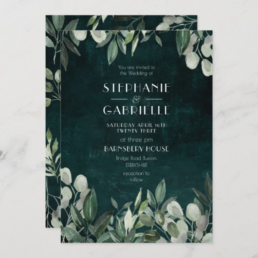 エレガントな水彩画の葉の植物ハンターグリーン 招待状 (正面/裏面)