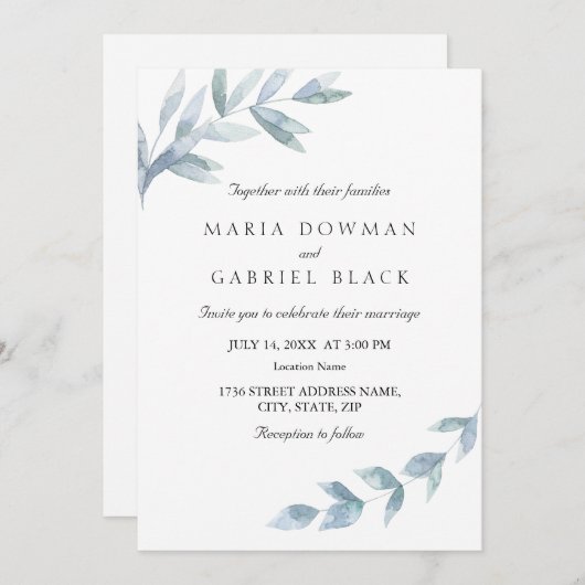 エレガントな水彩画の葉の植物学的なウェディング 招待状 (正面/裏面)