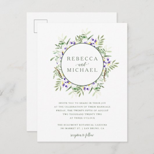 エレガントな水彩画の藤のリースの結婚式 インビテーションポストカード (正面/裏面)