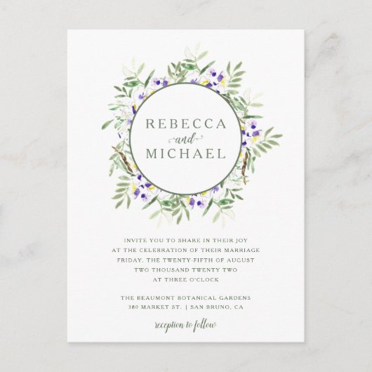 エレガントな水彩画の藤のリースの結婚式 インビテーションポストカード (正面)