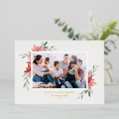 エレガントな水彩画の赤いポインセチアの写真 箔シーズンカード (立ち正面)