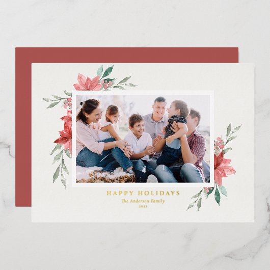 エレガントな水彩画の赤いポインセチアの写真 箔シーズンカード (正面/裏面)