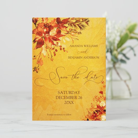 エレガントな水彩画の赤と金のポインセチアのウェディング セーブザデート (スタンド正面)