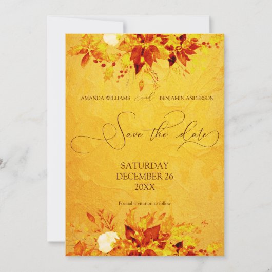 エレガントな水彩画の赤と金のポインセチアのウェディング セーブザデート (正面)