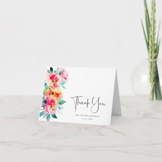 エレガントな水彩画の野生の花の植物学的な結婚式 サンキューカード (正面)