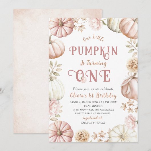 エレガントな水彩画の1歳誕生日パンプキンがやってくる 招待状 (正面/裏面)
