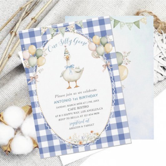 エレガントな水彩画の1歳誕生日　シリ―ゴース　B 招待状