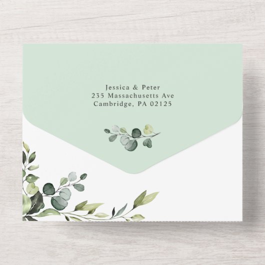 エレガントな水彩画ユーカリグリーンウェディング オールインワン招待状 (裏面)