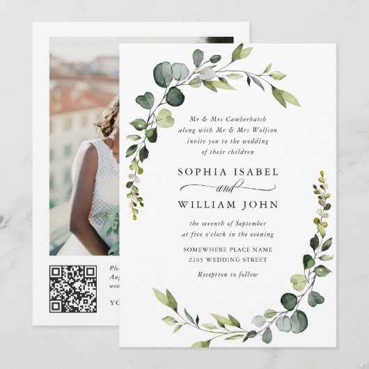 エレガントな水彩画ユーカリ結婚式QRコード 招待状 (正面/裏面)