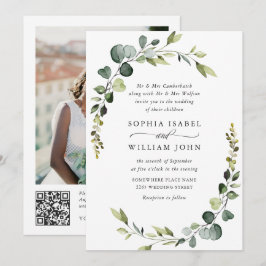 エレガントな水彩画ユーカリ結婚式QRコード 招待状