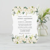 エレガントな水彩画風の白い花と緑のウェディング 招待状 (スタンド正面)