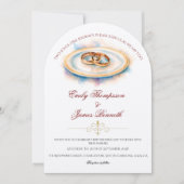 エレガントな水彩画 ゴールドのローズ ウェディングリング 招待状 (正面)