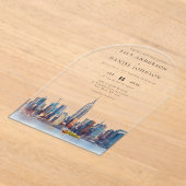 エレガントな水彩画 ニューヨーク スカイライン ウェディング アーチ アクリル招待状 (レイダウン)