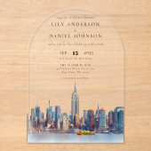 エレガントな水彩画 ニューヨーク スカイライン ウェディング アーチ アクリル招待状 (正面)