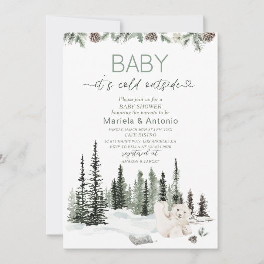 エレガントな水彩画 外は寒いよ 赤ちゃん歓迎会 招待状 (正面)