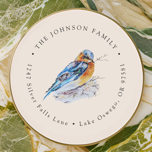 エレガントな水彩色のブルーバード宛名ラベル ラウンドシール